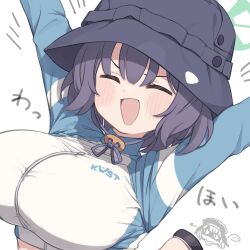 2girls black_hat blue_archive blue_jacket blush breasts bucket_hat chibi closed_eyes cropped_jacket gamuo grey_hair halo hat jacket koharu_(blue_archive) large_breasts long_sleeves multicolored_jacket multiple_girls open_mouth rash_guard saki_(blue_archive) saki_(swimsuit)_(blue_archive) short_hair sidelocks smile solo_focus two-tone_jacket white_jacket