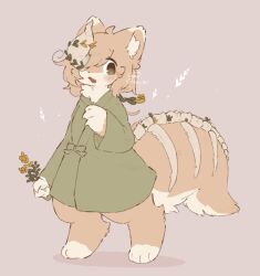 1girl animal_ears blush bone_tail borrowed_character brown_fur dress fang flower furry furry_female green_dress green_eyes hair_between_eyes hair_over_one_eye highres holding holding_flower horns japanese_clothes one-eyed open_mouth original petals short_hair simple_background single_horn solo standing tail torakuro_kumezu twitter_username two-tone_fur white_fur