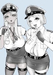 Rule 34 | 2girls, belt, breasts, cleavage, cuffs, dark-skinned female, dark skin, earrings, eyewear on head, fingerless gloves, fishnet thighhighs, fishnets, gloves, gyaru, handcuffs, hat, heart, heart earrings, highres, jewelry, kogal, large breasts, long hair, looking at viewer, miniskirt, monochrome, multiple girls, nagisamade, necktie, open mouth, original, partially unbuttoned, pencil skirt, piercing, police, police hat, police uniform, policewoman, shirt, short hair, skirt, sunglasses, thigh strap, thighhighs, tongue, tongue out, tongue piercing, unbuttoned, unbuttoned shirt, uniform