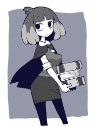 Rule 34 | book, capelet, dowman sayman, frown, greyscale with colored background, highres, hilda (series), kaisa (hilda), librarian, pantyhose, short hair, skirt