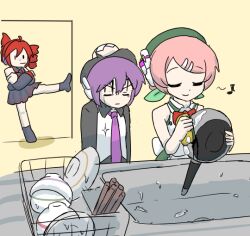 Rule 34 | 3girls, :|, against wall, ahoge, apron, back bow, beret, black headwear, black shirt, black skirt, black sleeves, black socks, blood from forehead, bow, bowl, bowtie, chopsticks, closed eyes, closed mouth, collared shirt, crossed arms, crying, detached sleeves, dishwashing, doorway, dress, drill hair, facing another, facing viewer, frying pan, glint, green bow, green dress, green headwear, hair bow, hair ornament, hairclip, hands up, hat, head bump, holding, holding pan, holding sponge, humming, indoors, kasane teto, kasane teto (utau), kitchen, leaning to the side, looking at another, momone momo, multiple girls, musical note, necktie, no shoes, pink hair, plate, purple necktie, raised eyebrows, red bow, red bowtie, red hair, rice bowl, robot ears, saruyama ushirou, shirt, short hair, sink, skirt, sleeveless, sleeveless shirt, smile, soap bubbles, socks, solid oval eyes, sponge, swept bangs, tears, twin drills, utane uta, utau, v-shaped eyebrows, white apron, white shirt