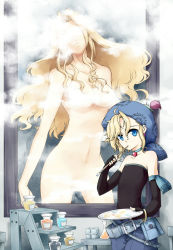 1990s_(style) 2girls alternate_color alternate_costume art_brush bare_shoulders belt beret blonde_hair blue_eyes bracelet censored chadarnook choker convenient_censoring easel elbow_gloves female_focus final_fantasy final_fantasy_vi fingerless_gloves fog gloves hat jewelry long_hair multiple_girls nude paint paintbrush painting_(action) paint_palette pants relm_arrowny retro_artstyle sakuraba_yuuki short_hair steam steam_censor