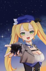 Rule 34 | 1girl, :d, black gloves, blonde hair, blue hat, blue nails, breasts, cleavage, cropped jacket, dokibird (vtuber), dokibird (vtuber) (retro doki), fingerless gloves, gloves, green eyes, grey jacket, hat, indie virtual youtuber, jacket, looking at viewer, medium breasts, night, open mouth, outstretched arm, sky, smile, solo, star (sky), starry sky, studiopikel, teeth, twintails, upper body, upper teeth only, virtual youtuber
