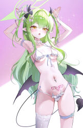 1girl absurdres alternate_costume alternate_hairstyle arm_belt armpits arms_up belt bikini black_horns blue_archive blush breasts cleavage collar demon_girl demon_horns demon_tail demon_wings frilled_bikini frills green_hair green_halo hair_between_eyes hair_intakes hair_ornament halo heart heart_hair_ornament highres hikari_(blue_archive) horns jogabi loli long_hair looking_at_viewer low_wings medium_breasts navel_piercing open_mouth piercing pink_belt pubic_tattoo short_eyebrows simple_background single_thighhigh skindentation solo swimsuit tail tail_ornament tail_piercing tattoo thigh_belt thigh_strap thighhighs white_background white_bikini white_collar white_thighhighs wings yellow_eyes