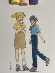 Rule 34 | 2girls, :d, :o, absurdres, art tools in frame, blonde hair, blue shirt, blush, brown skirt, collared shirt, commentary request, daiba nana, denim, dot nose, eyebrows hidden by hair, glasses, green ribbon, hair between eyes, hair over shoulder, hair ribbon, highres, hoshimi junna, jeans, kneehighs, long hair, looking at another, looking at viewer, marker (medium), medium skirt, multiple girls, open mouth, pants, photo (medium), polo shirt, ponytail, puffy short sleeves, puffy sleeves, purple hair, ribbon, shiratama (hockey), shirt, shoes, short hair, short sleeves, shoujo kageki revue starlight, sidelocks, signature, skirt, smile, sneakers, socks, standing, standing on one leg, traditional media, two side up