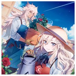 Rule 34 | 1boy, 1girl, blue eyes, bow, bowtie, brown gloves, building, cellphone, chaldea logo, cloud, cloudy sky, collared shirt, fate/grand order, fate (series), flower, gardening, gloves, glowing, glowing markings, green eyes, hat, holding, holding plant, holding watering can, kriemhild gretchen, light smile, long hair, meiji ken, mole, mole under eye, official art, phone, plant, potted plant, red flower, red rose, rose, shirt, shooting star, siegfried (fate), sky, smartphone, smile, star (sky), sun hat, tools, watering can, white hair, white shirt