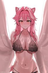 Rule 34 | 1girl, animal ears, artist name, bare shoulders, bikini, black bikini, blush, breasts, cleavage, collarbone, commentary, curtain grab, curtains, frilled bikini, frills, hair intakes, highres, hololive, hololive english, kotodekun, large breasts, long hair, looking at viewer, multicolored hair, navel, panther ears, panther girl, panther tail, parted lips, pink hair, raora panthera, shiny skin, solo, stomach, streaked hair, swimsuit, tail, virtual youtuber, yellow eyes