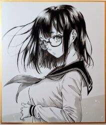 Rule 34 | 1girl, breasts, closed mouth, commentary request, expressionless, eyelashes, floating hair, from side, glasses, greyscale, hand up, large breasts, long sleeves, looking at viewer, makomako1061, medium hair, monochrome, neckerchief, original, pen (medium), photo (medium), sailor collar, sailor shirt, school uniform, shikishi, shirt, sidelocks, solo, traditional media, turning head, upper body