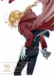 1boy 6tnut9 back black_jacket black_pants black_shirt blonde_hair braid coat cowboy_shot edward_elric english_text fullmetal_alchemist gloves jacket long_hair looking_at_viewer looking_back male_focus pants prosthesis prosthetic_arm red_coat shirt single_glove solo watermark white_gloves
