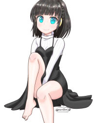 1girl barefoot black_hair green_eyes ouji_shigure station_memories sweater white_sweater