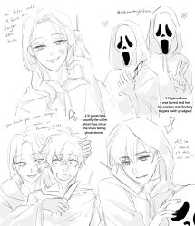1girl 2boys alien_stage blade_to_throat blood bloody_knife bruise bruise_on_face commentary cosplay english_commentary english_text fang ghostface ghostface_(cosplay) greyscale highres holding holding_knife holding_walkie-talkie hood hood_up injury ivan_(alien_stage) knife long_hair mask mizi_(alien_stage) mole mole_under_eye monochrome multiple_boys scream_(movie) short_hair sketch smile the_quipper very_short_hair w walkie-talkie