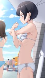 2boys 3girls 4others absurdres ass bare_shoulders beach_umbrella bikini black_hair blue_bikini breasts brick_wall brown_eyes brown_hair closed_mouth commentary_request cowboy_shot cross-body_stretch frilled_bikini frills from_side highres light_blush medium_hair multiple_boys multiple_girls multiple_others nagio_(kiona) navel original outdoors short_hair side-tie_bikini_bottom sidelocks small_breasts stomach stretching swimsuit umbrella water_slide white_bikini