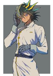 1boy black_hair blonde_hair border coat cowboy_shot facial_mark fudo_yusei half_mask highres male_focus mask mechanical_arms medium_hair multicolored_hair solo spiked_hair two-tone_hair white_border white_coat youko-shima yu-gi-oh! yu-gi-oh!_5d&#039;s z-one