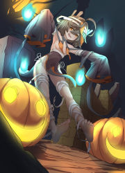 1girl absurdres blue_skin chinese_clothes colored_skin deatheach expressive_clothes flipped_hair graveyard hair_ornament hair_rings hair_stick hat heroic_spirit_festival_outfit highres jiangshi ofuda original outstretched_arms qingdai_guanmao shawl star_(symbol) tombstone zombie zombie_pose