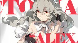 Rule 34 | 1girl, absurdres, alexandrina sebastiane, bare shoulders, black gloves, bow, bowtie, braid, breasts, character name, dress, fingerless gloves, gloves, grey hair, hair between eyes, hand in own hair, highres, long hair, maid headdress, mindscape cinema (zenless zone zero), official art, parted lips, partially fingerless gloves, red eyes, ribbon, solo, upper body, white bow, white bowtie, white dress, white ribbon, zenless zone zero