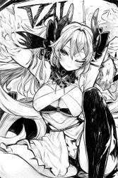 Rule 34 | 1girl, absurdres, armlet, armpits, arms behind head, blush, breasts, criss-cross halter, hair between eyes, halterneck, highres, horns, igawa20000volt, indie virtual youtuber, jewelry, large breasts, long hair, monochrome, o-ring, o-ring top, one eye closed, pointy ears, revealing clothes, single thighhigh, sitting, solo, thighhighs, vaipyre (vtuber), very long hair, virtual youtuber