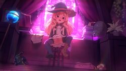 1girl absurdres black_cat black_thighhighs blonde_hair blush boots brown_boots cape cat cleft_of_venus commentary dress english_commentary flat_chest full_body hat highres indoors little_witch_nobeta loli long_hair looking_at_viewer najucaju_naju nipples no_panties nobeta open_mouth paid_reward_available purple_hat pussy red_eyes single_boot sitting solo thighhighs torn_clothes torn_dress uncensored witch_hat