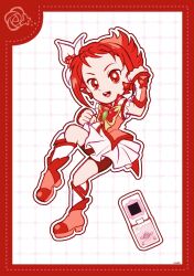 Rule 34 | 1girl, animal print, boots, border, bow, bowtie, butterfly earrings, butterfly print, cellphone, clenched hands, coattails, collared vest, cure rouge, deformed, dot nose, dotted line, dress, earrings, flip phone, flower, forehead, frilled sleeves, frills, full body, green brooch, grid background, hair bow, hair flower, hair ornament, happy, high collar, high heel boots, high heels, highres, invisible chair, jewelry, knee up, kneehighs, looking at viewer, magical girl, natsuki rin, open mouth, outline, phone, pink bow, pink flower, pink rose, pleated dress, precure, puffy short sleeves, puffy sleeves, red arm warmers, red boots, red border, red bow, red bowtie, red eyes, red hair, red shorts, red vest, rose, short dress, short hair, short sleeves, shorts, shorts under dress, signature, sitting, smile, socks, solo, teeth, tsurime, two-tone arm warmers, upper teeth only, uwded 207, vest, white arm warmers, white background, white dress, white outline, white socks, yes! precure 5, yes! precure 5 gogo!