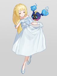 Rule 34 | 1girl, bare shoulders, bird, blonde hair, blush, braid, closed eyes, closed mouth, cosmog, crown braid, dove, dress, fua1heyvot4ifsr, gen 7 pokemon, gloves, grey background, highres, legendary pokemon, lillie (pokemon), long hair, nintendo, pokemon, pokemon (creature), pokemon sm, simple background, smile, white gloves