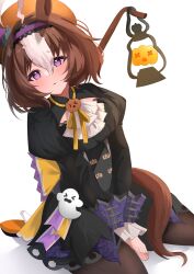 Rule 34 | 1girl, @ @, absurdres, ahoge, animal ears, black dress, black pantyhose, black shoes, blush, commentary request, dress, ear covers, frilled dress, frills, ghost ornament, hairband, high heels, highres, horse ears, horse girl, horse tail, juliet sleeves, lantern, long sleeves, looking at viewer, meisho doto (dot-o&#039;-lantern) (umamusume), meisho doto (umamusume), multicolored hair, official alternate costume, orange headwear, pantyhose, parted lips, puffy sleeves, purple eyes, purple hairband, shoes, simple background, single ear cover, sitting, solo, streaked hair, tail, umamusume, wariza, white background, white hair, yokawa nagi