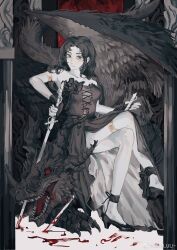 1girl absurdres animal black_footwear blood blood_on_face blood_on_ground brown_dress brown_eyes brown_feathers brown_hair brown_scales brown_wings colored_skin column crossed_legs dragon dress feathers highres holding holding_sword holding_weapon impaled luli_(crocowolf333) open_mouth original pillar red_eyes scales sharp_teeth solo sword teeth watermark weapon weibo_watermark western_dragon white_skin wings