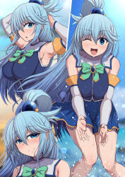 1girl adjusting_hair aqua_(konosuba) armpits arms_up bare_shoulders blue_eyes blue_hair blue_shirt blue_skirt blue_sky blurry blurry_background blush breasts close-up closed_mouth cowboy_shot day detached_sleeves hair_rings half-closed_eyes highres knees_together_feet_apart kono_subarashii_sekai_ni_shukufuku_wo! large_breasts long_hair looking_at_viewer multiple_views one_eye_closed open_mouth ponponmaru shirt skirt sky smile solo splashing standing sweat water wet