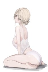 1girl absurdres ass bare_shoulders barefoot between_legs blonde_hair blush breasts feet from_side hair_bun half-closed_eyes hand_between_legs highres laneigu large_breasts long_hair looking_at_viewer mole mole_under_eye original panties parted_lips simple_background single_hair_bun sitting sleeveless solo tank_top thighs underwear wariza white_background white_panties white_tank_top yellow_eyes yuzu_(laneigu)