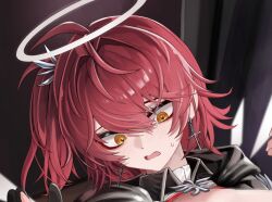 1girl 1other arknights artist_name black_gloves black_jacket breasts commentary cross cross_earrings doctor_(arknights) earrings energy_wings exusiai_(arknights) exusiai_the_new_covenant_(arknights) fingerless_gloves gloves halo highres holding_another&#039;s_wrist holding_hands hood hood_down hooded_jacket jacket jewelry medium_breasts mildt no_panties one_side_up open_clothes open_jacket paid_reward_available pelvic_curtain red_hair sweat thighhighs thighs three-quarter_sleeves traditional_halo white_halo white_thighhighs yellow_eyes