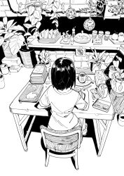 1girl book chair commentary_request cup ddal eraser greyscale highres holding holding_pen indoors monochrome on_chair original pen pencil_case plant potted_plant shirt short_hair short_sleeves sitting solo t-shirt table writing