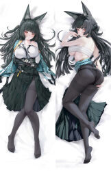 1girl animal_ear_fluff animal_ears aqua_jacket black_hair black_necktie black_pants black_pantyhose black_skirt blunt_bangs blush breasts butuo_(butuo13) chest_sarashi collared_shirt dakimakura_(medium) fox_ears fox_girl full_body gauntlets high-waist_skirt hoshimi_miyabi jacket large_breasts long_hair looking_at_viewer lying necktie on_back open_clothes open_jacket pants pantyhose red_eyes sarashi shirt single_gauntlet skirt white_shirt zenless_zone_zero