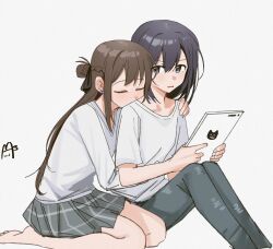 Rule 34 | 2girls, barefoot, black hair, blue eyes, brown hair, closed eyes, commentary, grey pants, grey skirt, haidao mao, hair between eyes, hashtag-only commentary, highres, holding, holding tablet pc, hug, hug from behind, long hair, long sleeves, miyagi shiori, multiple girls, open mouth, pants, plaid clothes, plaid skirt, pleated skirt, sendai hazuki, shirt, short sleeves, shuuniichido classmate wo kau hanashi, skirt, tablet pc, white shirt, yuri