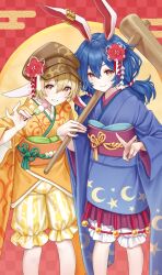 2girls absurdres adapted_costume alternate_costume animal_ears blonde_hair bloomers blue_hair blue_kimono dango food grin hat highres japanese_clothes kimono kine looking_at_viewer mallet multiple_girls puffy_shorts rabbit_ears ringo_(touhou) sanshoku_dango seiran_(touhou) short_hair shorts smile star_(symbol) star_print teeth torinari_(dtvisu) touhou underwear wagashi