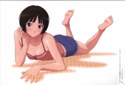 1girl absurdres amagami artbook ass bare_shoulders barefoot blue_shorts blush bob_cut breasts brown_eyes brown_hair camisole cleavage closed_mouth collarbone denim denim_shorts drop_shadow elbow_rest english_text feet_up full_body hand_on_floor hand_on_own_cheek hand_on_own_face head_rest head_tilt highres light_blush light_smile looking_at_viewer loose_hair_strand lying messy_hair midriff_peek mixed-language_text moroishi_miyuki non-web_source official_art on_floor on_stomach pink_camisole promotional_art red_trim scan scan_artifacts screentones shiny_skin short_hair short_shorts shorts small_breasts smile soles solo tachibana_miya the_pose toes white_background