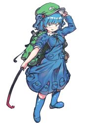1girl absurdres adjusting_clothes adjusting_headwear backpack bag blue_boots blue_eyes blue_hair blue_jacket blue_skirt boots breasts commentary_request crowbar flat_cap full_body green_bag green_hat hair_bobbles hair_ornament hat highres hitodama_print holding holding_crowbar jacket kawashiro_nitori key looking_at_viewer medium_breasts piaki print_hat rubber_boots short_hair simple_background skirt sleeves_rolled_up smile solo touhou two_side_up white_background