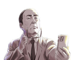 Rule 34 | 1boy, akuyaku reijou tensei ojisan, balding, cellphone, derivative work, formal clothes, highres, long sleeves, male focus, necktie, old, old man, phone, simple background, solo, suit, tondabayashi kenzaburou, ueyama michirou, unworn eyewear, upper body, white background