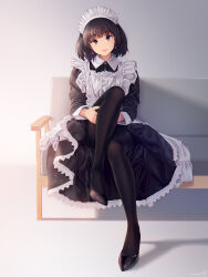 1girl a.x. absurdres black_dress black_pantyhose black_shoes bloom brown_eyes brown_hair closed_mouth couch dress earrings eyebrows_hidden_by_hair flat_chest full_body grey_background highres holding_own_leg jewelry lipstick looking_at_viewer maid maid_headdress makeup on_couch original pantyhose shadow shoes short_hair short_twintails simple_background sitting smile solo twintails white_dress white_headdress
