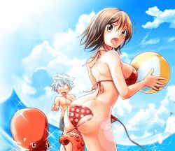 1boy 1girl ass ball beachball bikini bikini_pull breasts butt_crack clothes_pull elie haru_glory large_breasts light_brown_hair official_art open_mouth rave_(manga) swimsuit water