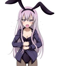 1girl adapted_costume angry animal_ear_hairband animal_ears anime_coloring black_leotard black_pantyhose blush breasts cleavage collarbone collared_shirt commentary_request commission covering_stomach fake_animal_ears frown girls_und_panzer girls_und_panzer_little_army grey_shirt hairband highres key_(gaigaigai123) kuromorimine_military_uniform leotard leotard_under_clothes long_hair long_sleeves open_clothes open_mouth open_shirt pantyhose pink_eyes pink_hair rabbit_ear_hairband rabbit_ears sheska_(girls_und_panzer) shirt simple_background skirt strapless strapless_leotard unbuttoned unworn_skirt white_background