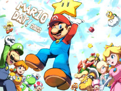 2boys 3girls 6+others ?_block angry blonde_hair blue_dress blue_eyes blue_sky boo_(mario) bowser bowser_jr. breasts brown_hair crown dress earrings facial_hair flower_earrings flying ghost gloves goomba grin hat highres jewelry koopa_troopa lakitu light_rays looking_at_viewer luigi luma_(mario) mario mario_(series) mario_day multiple_boys multiple_girls multiple_others mustache nintendo one_eye_closed open_mouth orange_dress pink_dress princess_daisy princess_peach rosalina sky smile super_star_(mario) sunbeam sunlight super_mario_bros._1 toad_(mario) toadette tongue tongue_out wings wink yoshi