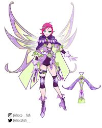 1girl ahoge alternate_costume aqua_eyes bad_id bad_twitter_id belt belt_buckle black_belt boots bow_(weapon) bracelet buckle chocofish cleavage_cutout cloak closed_mouth clothing_cutout commentary cross-laced_clothes cross-laced_dress crossbow crossed_belts dress english_commentary eyelashes fairy fairy_wings frilled_sleeves frills full_body gloves green_cloak green_wings hair_ornament hair_ribbon hairclip high_heel_boots high_heels highres holster hood hood_down hooded_cloak jewelry knee_pads lace-trimmed_cloak lace-up_boots lace_trim leotard leotard_under_clothes lipstick long_sleeves magical_girl makeup medium_dress medium_hair multiple_belts oversized_wings pink_hair pink_lips pointy_ears pokemon_center puffy_long_sleeves puffy_sleeves purple_belt purple_boots purple_cloak purple_dress purple_gloves purple_leotard purple_ribbon purple_wings reference_sheet ribbon simple_background smile solo tecna_(winx_club) thigh_belt thigh_strap three-quarter_sleeves tress_ribbon two-sided_cloak two-sided_fabric two-tone_wings weapon white_background wings winx_club