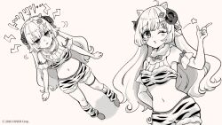 Rule 34 | 1girl, animal ears, animal print, bare shoulders, blush, breasts, brown background, dutch angle, fur-trimmed shorts, fur trim, hair ornament, highres, hololive, horns, lightning bolt, lightning bolt hair ornament, lightning bolt symbol, loose socks, medium breasts, monochrome, official art, one eye closed, parted lips, print shorts, print socks, rino cnc, shadow, sheep ears, sheep girl, sheep horns, shoes, short shorts, shorts, socks, standing, star (symbol), tiger print, tsunomaki watame, virtual youtuber
