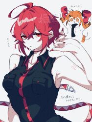 2girls :&lt; a.i._voice adachi_rei ahoge arm_tattoo arm_up armpits arms_up bare_shoulders black_shirt black_undershirt breasts collarbone collared_shirt crossed_bangs detached_hair dirty dirty_face expressionless hair_between_eyes highres jacket kasane_teto kasane_teto_(utau) medium_breasts medium_hair multiple_girls nail_polish number_tattoo open_clothes open_jacket open_mouth orange_hair red_eyes red_hair red_nails shirt short_hair simple_background tattoo translation_request turtleneck turtleneck_shirt urano_shibano utau watermark white_background white_jacket