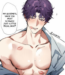 1boy collarbone collared_shirt commentary english_commentary english_text eriimyon highres lips lipstick_mark_on_chest looking_at_viewer love_and_deepspace male_focus muscular muscular_male open_clothes open_shirt parted_lips pectorals purple_eyes purple_hair rafayel_(love_and_deepspace) shirt solo sweat teeth upper_body white_shirt
