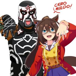 1boy 1girl :d animal_ears blue_eyes brown_hair commentary_request crossover domino_mask el_condor_pasa_(umamusume) hand_up highres holeecrab horse_ears horse_girl horse_tail jacket long_hair mask open_clothes open_jacket open_mouth pentagon_jr purple_skirt real_life red_jacket shirt simple_background skirt smile spanish_commentary spanish_text tail translation_request umamusume v-shaped_eyebrows white_background wwe yellow_shirt