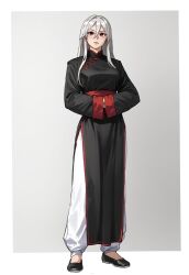 Rule 34 | 1girl, absurdres, black dress, changpao, china dress, chinese clothes, dress, fighting, fighting stance, highres, kokoro no koibito, kung fu, long hair, long sleeves, looking at viewer, martial arts, original, red eyes, solo, standing, training, white dress