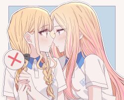 2girls absurdres black_bow blonde_hair blue_eyes bow braid commentary eye_contact fang fujita_kotone gakuen_idolmaster highres holding holding_sign idolmaster juo_sena kousaka_0v0 long_hair looking_at_another multicolored_hair multiple_girls no_symbol outline pink_hair puffy_short_sleeves puffy_sleeves shirt short_sleeves sidelocks sign skin_fang streaked_hair twin_braids white_outline white_shirt yellow_eyes yuri