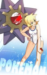 1girl :d bare_arms blonde_hair blush breasts collarbone commentary_request copyright_name covered_navel gen_1_pokemon green_eyes hair_between_eyes hand_on_own_hip holding holding_poke_ball knees leaning_forward looking_to_the_side misty_(pokemon) nintendo one-piece_swimsuit open_mouth poke_ball poke_ball_(basic) pokemon pokemon_(creature) pokemon_hgss sakuraidai shiny_skin smile standing starmie swimsuit tongue white_one-piece_swimsuit