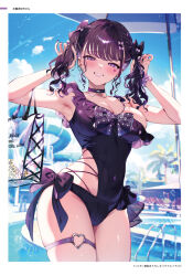 1girl armpits beach_umbrella black_bow black_one-piece_swimsuit bow breasts choker cloud collarbone comiket_105 covered_navel earrings facial_mark hair_bow heart heart_facial_mark heart_o-ring highres jewelry kat_(bu-kunn) large_breasts o-ring o-ring_thigh_strap one-piece_swimsuit original palm_tree pool pool_ladder purple_choker purple_eyes purple_nails see-through_bag sky solo swimsuit thigh_strap tree twintails umbrella