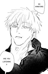 Rule 34 | 1boy, absurdres, anger vein, closed mouth, english text, eyelashes, gojou satoru, greyscale, hand on another&#039;s face, highres, jujutsu kaisen, jujutsu tech uniform, male focus, monochrome, out of frame, pasinee1855, short hair, simple background, solo, teeth, white background