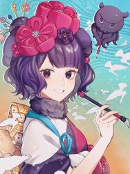 1girl bird chinese_commentary commentary fate/grand_order fate_(series) grin hair_ornament highres holding holding_paintbrush japanese_clothes katsushika_hokusai_(fate) kimono lengsang_123 looking_at_viewer multicolored_kimono octopus paintbrush purple_eyes purple_hair purple_kimono red_kimono short_hair smile tokitarou_(fate) white_kimono